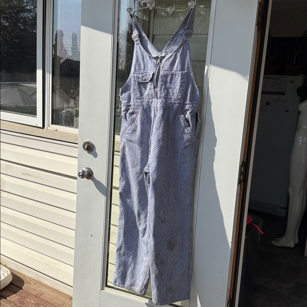 vintage 60s hickory stripe bib overalls railroad striped denim wide leg